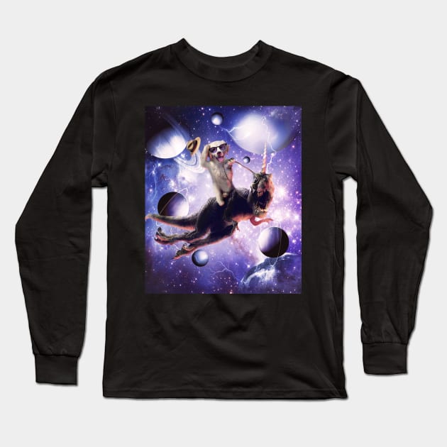 Golden Retriever Riding Dinosaur In Space Long Sleeve T-Shirt by Random Galaxy